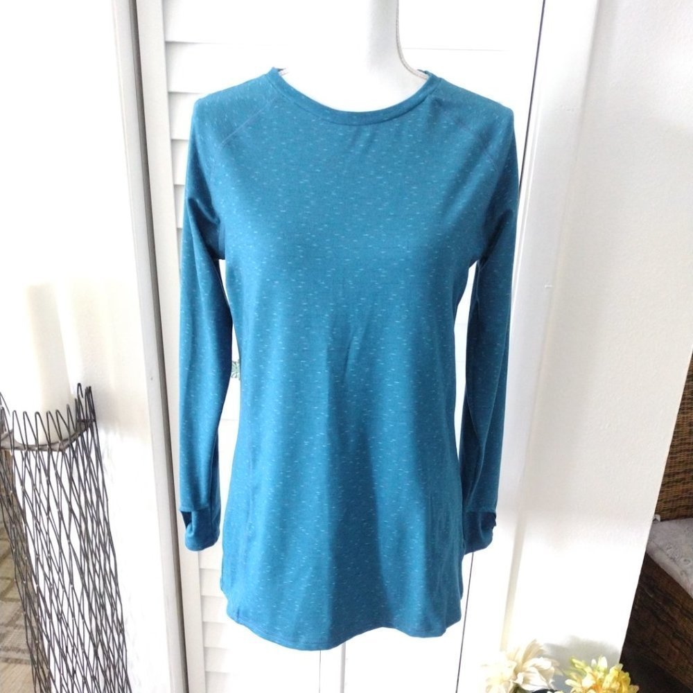 Earth Yoga‎ organic womens blue athletic top thumbholes scoopneck L